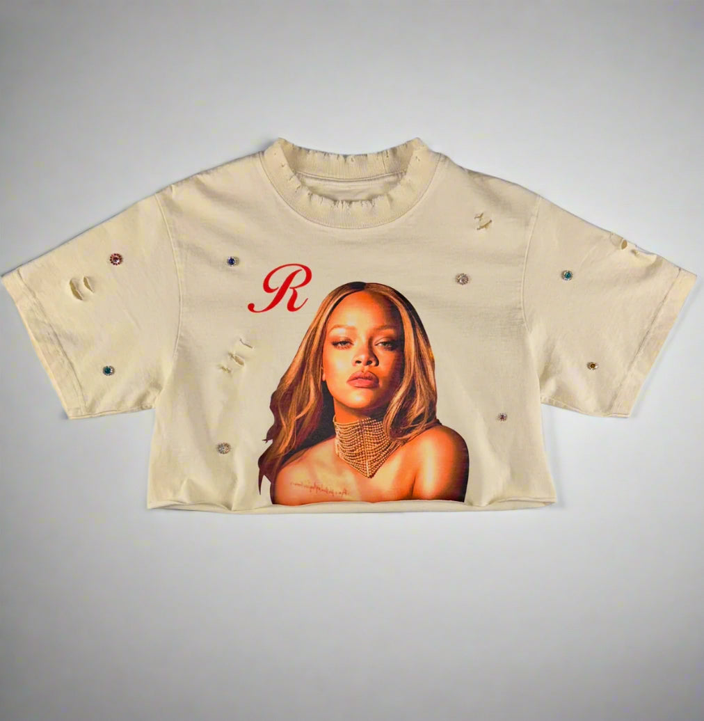Hand crafted Rihana “Rich & Famous” Crop-Top for women with flower rhinestones.