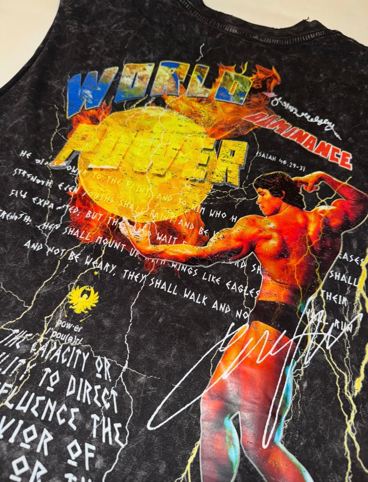 WORLD POWER- THE FREE NAVY GRAPHIC CUT OFF TEE SHIRT